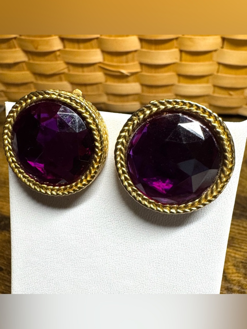 Vintage Purple Faceted Clip-On Earrings Gold Tone Statement